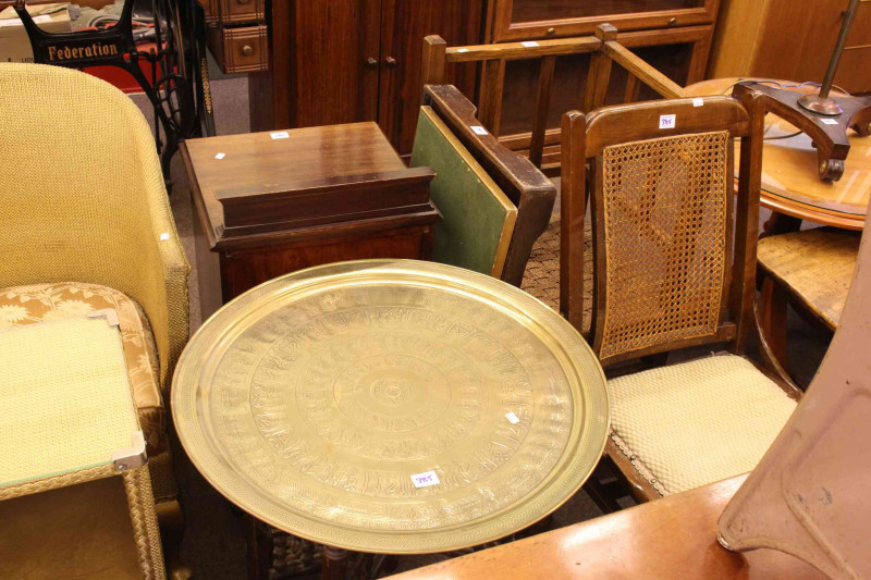 Cast iron stick stand, oak corner chair, Bergere panelled chair, circular brass topped folding table, coal purdonium and bed tray (6).