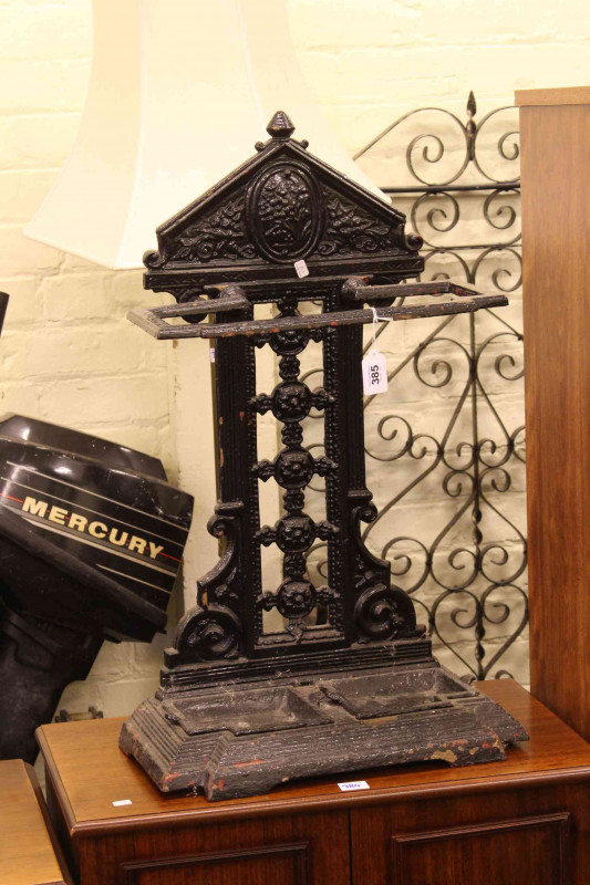 Cast iron stick stand, oak corner chair, Bergere panelled chair, circular brass topped folding table, coal purdonium and bed tray (6).