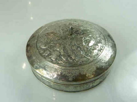Indian Silver Covered Bowl, stamped marks, the cover repousse with exotic...