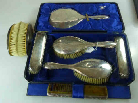 Cased Silver Dressing Table Set and a Pair of Silver Backed Brushes, cased