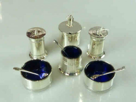 James Dixon Silver Five-piece Cruet Set and a Silver-plated Salt (6)