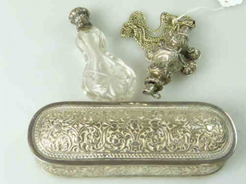 Indian Silver Box, unmarked, Silver Rattle and Cut-glass Scent Bottle...