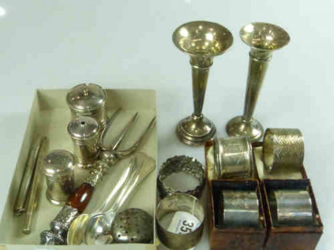 Six Silver Napkin Rings, Two Silver Bud Vases, Three-piece Silver Cruet...