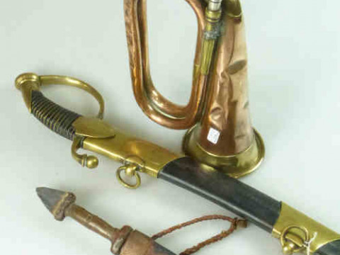 Napoleonic Naval Style Sword, Copper Bugle and a Nigerian Dagger (3)