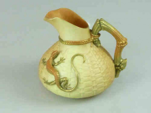 Royal Worcester Ewer, the basket-weave moulded body applied with a lizard,...