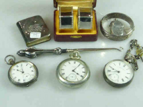 Pair of Silver Napkin Rings, cased, Silver Pocket Watch, Silver Vesta...