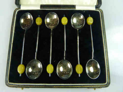 Set of Six Silver Coffee Spoons, each with 'bean' terminal