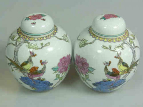 Pair of Chinese Ginger Jars with bird decoration and lids