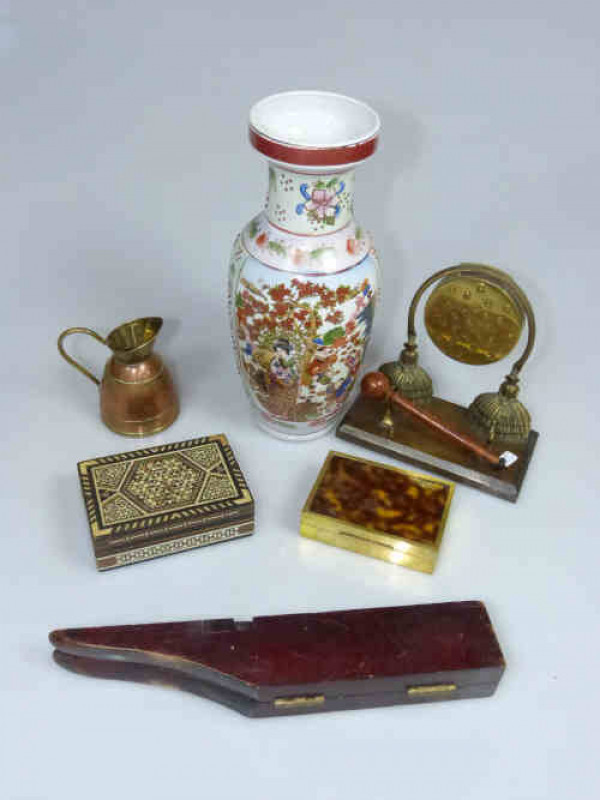 Chinese Vase, Victorian Boot Jack, Two Cigarette Boxes, Copper Jug and Brass Dinner Gong (6)