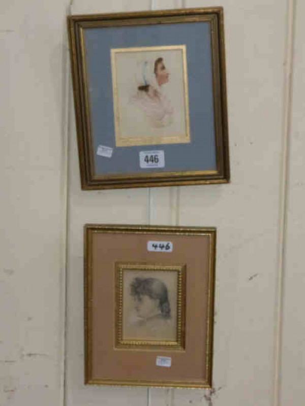 William Irving, Portrait of a Young Woman, unsigned, pencil, 10cm x 7cm, monogram CSR Portrait of a Young Woman, watercolour, monogram Portrait of Elderly Woman, watercolour (3)