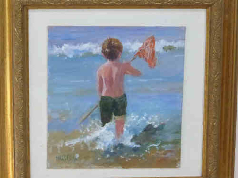 Marjorie Wilson 'Gone Fishing', oil painting on board, 17cm x 15cm, framed