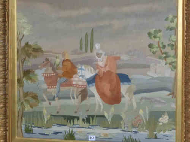 Gilt Framed Needlework Picture 'Hunting on Horseback', M E Hedley 1935, 62cm x 72cm