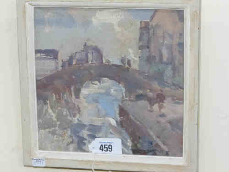 William Dealtrey 'Bridge Island of Burano nr Venice', oil painting on board, 20cm x 20cm, framed