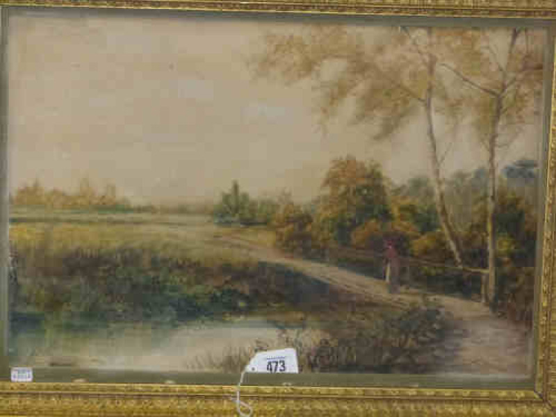 A E Boler, Country Scene Figure on Bridge, 32cm x 48cm, 19th Century watercolour, framed