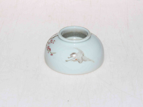 Chinese brush washer decorated with storks and blossom, blue mark, 8.5cm diameter. thumbnail