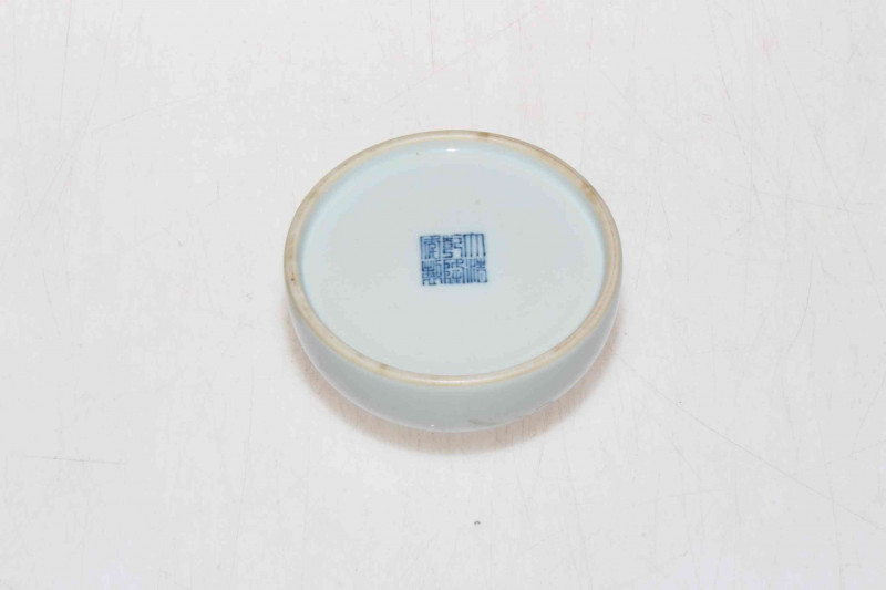 Chinese brush washer decorated with storks and blossom, blue mark, 8.5cm diameter.