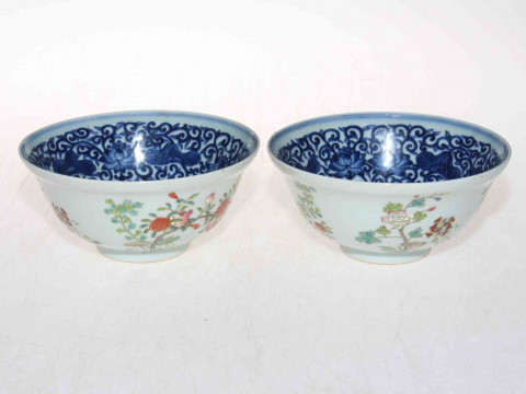 Pair Chinese Famille Rose and blue and white bowls, blue mark to base, 15cm diameter. thumbnail