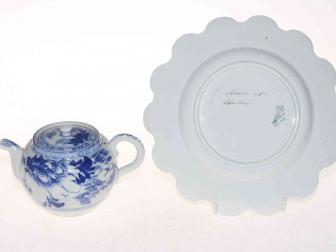 Oriental blue and white teapot and French tortoise and hare plate (2). thumbnail