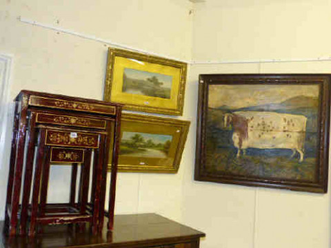 Quartetto Nest of Lacquered Tables, Pair Gilt Framed Paintings and Oil...