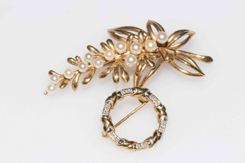 9 carat gold seed pearl set bouquet brooch, 5.5cm long, and 9 carat gold and diamond circular brooch (2).
