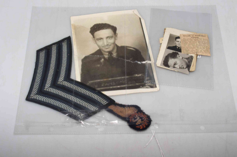 RAF airmen Flight Sgt Maurice Ransome of Middlesbrough. Including: Dog tag which reads '187846 OFFR. C.E. M. Ransome, RAFV,' 1944 diary military entries, WWII RAF Sergeants cloth chevron rank stripes badge, photographs and AG (Air Gunner) padded cloth pat