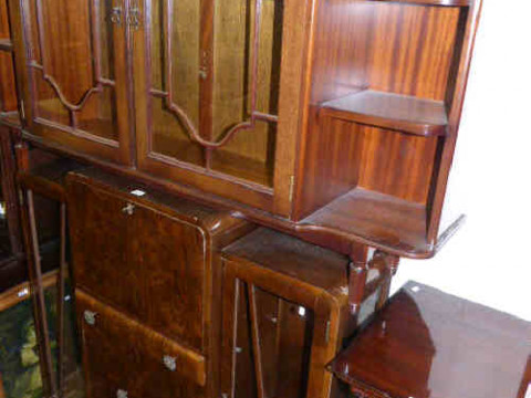 Walnut Bureau Centre Cabinet and Mahogany Glazed Door Bookcase (2)