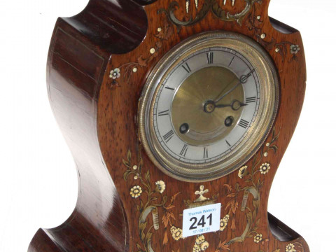 19th Century rosewood mantel clock, inlaid with mother of pearl, ivory,...