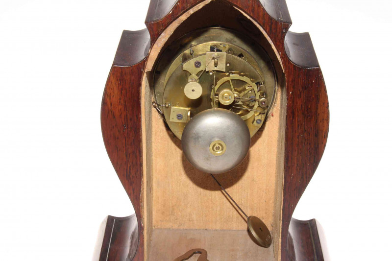 19th Century rosewood mantel clock, inlaid with mother of pearl, ivory, brass and woods, 27cm.