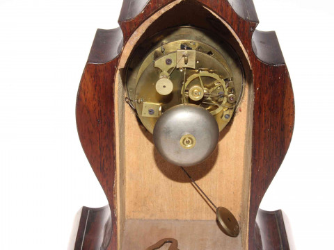 19th Century rosewood mantel clock, inlaid with mother of pearl, ivory, brass and woods, 27cm. thumbnail