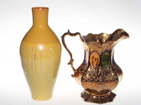 Linthorpe vase, shape no. 376, 31.5cm, and copper lustre jug (2).