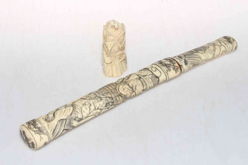 Bone handled knife and scabbard with figure decoration, length 33cm, and naturalistic carved scent bottle (2).