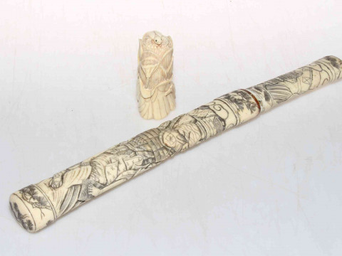 Bone handled knife and scabbard with figure decoration, length 33cm, and...