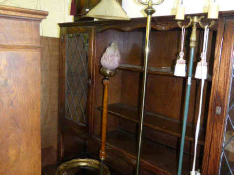 Three Standard Lamps, Small Oak Cabinet and Oak Hall Mirror, Two Prints...