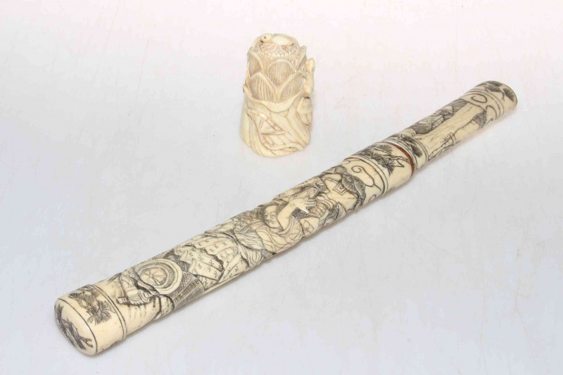 Bone handled knife and scabbard with figure decoration, length 33cm, and naturalistic carved scent bottle (2).