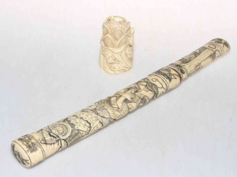 Bone handled knife and scabbard with figure decoration, length 33cm, and naturalistic carved scent bottle (2). thumbnail