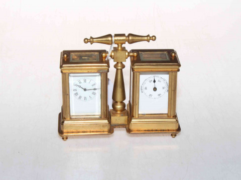 French gilt brass miniature carriage clock and barometer desk piece, having...