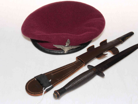Falkland War 'Parachute Regiment' framed colours, Fairburn Sykes, together with fighting knife and beret (3). thumbnail