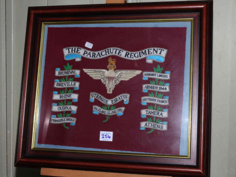 Falkland War 'Parachute Regiment' framed colours, Fairburn Sykes, together with fighting knife and beret (3). thumbnail