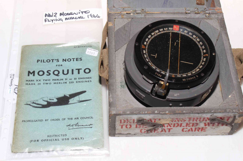 WWII De-Havilland Mosquito compass, stamped AM 6A/726, together with pilots manual 1944.