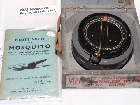 WWII De-Havilland Mosquito compass, stamped AM 6A/726, together with pilots...