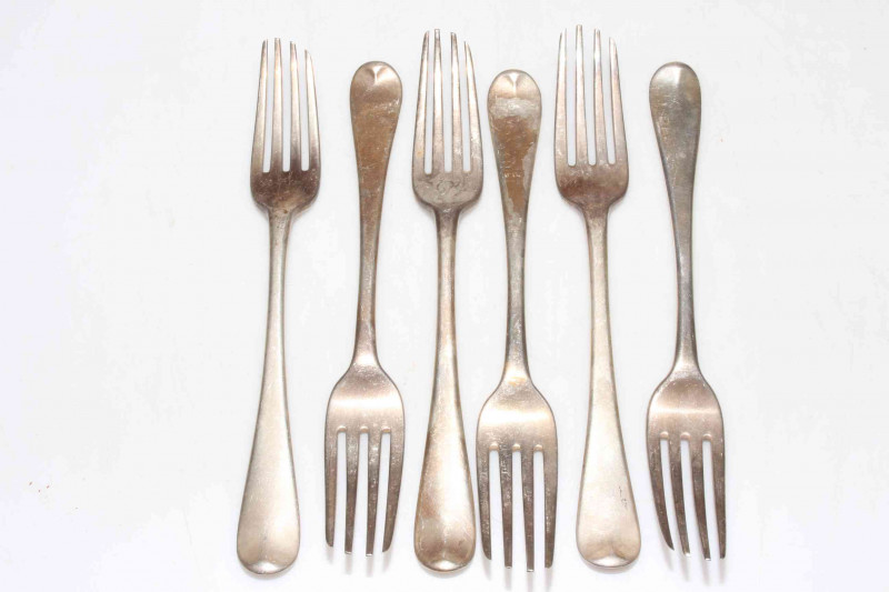 Six George III silver Old English pattern dessert forks, London 1812 and 1818.
