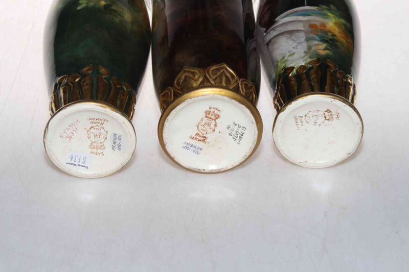 Three Royal Bonn hand painted signed vases, tallest 31cm.