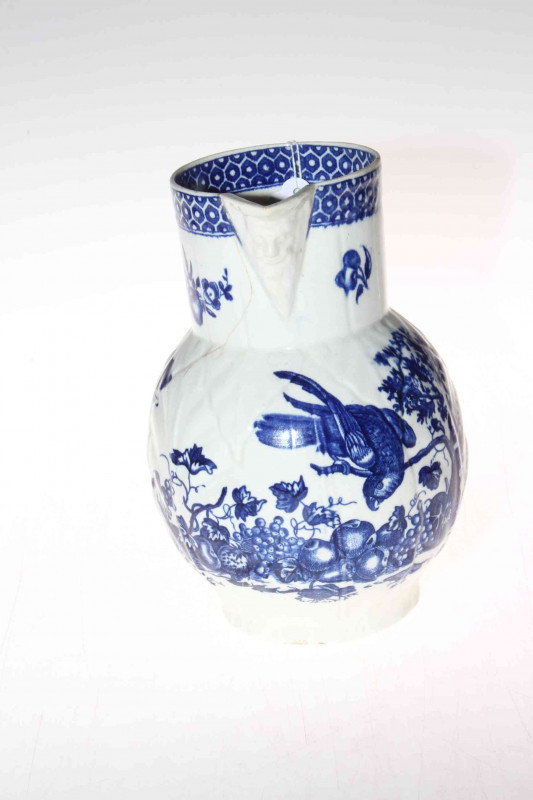 Late 18th Century English porcelain blue and white cabbage lead jug with blue mark to base, 20cm high.