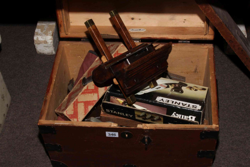 Box containing wood planes, spoke shaves, chisels, etc (box 28cm by 45cm by 30cm).