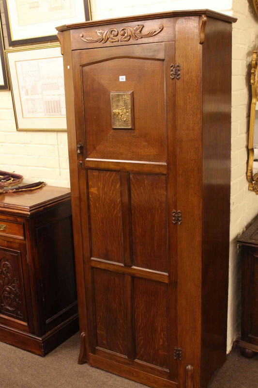 Oak hall wardrobe, carved oak blanket box and two gilt framed wall mirrors (4).