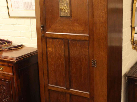 Oak hall wardrobe, carved oak blanket box and two gilt framed wall mirrors (4). thumbnail