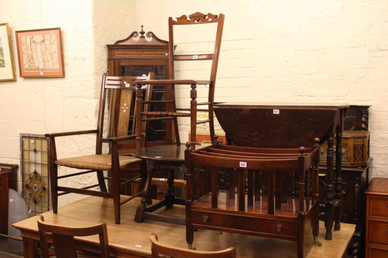 Rush seated elbow chair, small oak gate leg table, Bevan & Funnell mahogany Canterbury, low circular oak table and Edwardian bedroom chair (5).