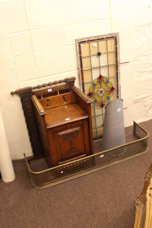 Art Nouveau oak coal purdonium, brass kerb, coal scuttle, oak framed wall mirror and piece of leaded glass (5).