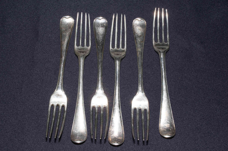 Set of six George III silver Old English pattern table forks, maker John Lambert, London, circa 1780-90's.