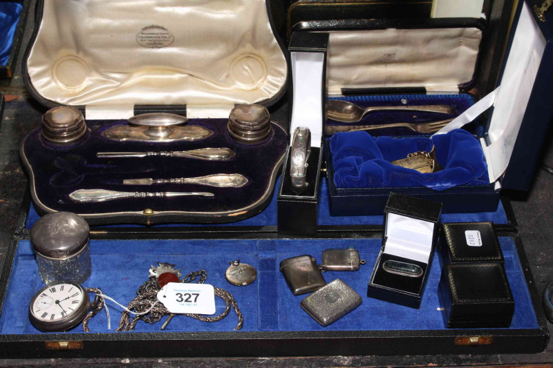Collection of silver small items including silver gilt book form watch, three vesta cases, pocket watch, christening spoon and fork, jar, manicure and items of jewellery.